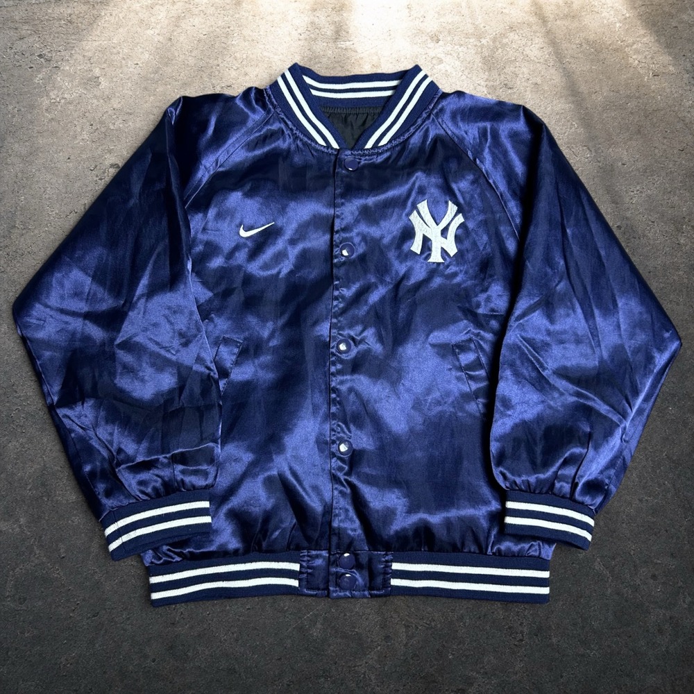 Nike New York Yankees Reversible Satin Bomber Jacket Navy Blue Kids Size S 8/10